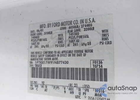 2001 Ford F-150 Lariat/Xl/Xlt из США, поврежденный, VIN 1FTRX17W91NB77430